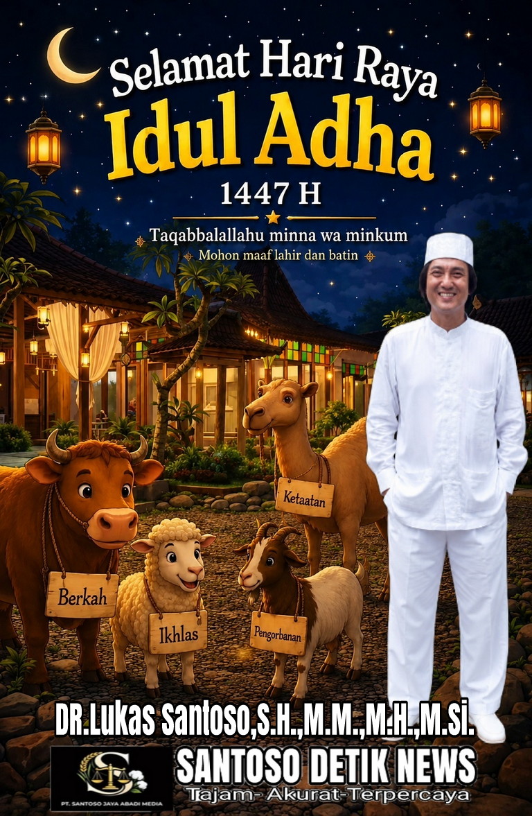 Pemimpin Redaksi Santosodetiknews.com- ,DR. Lukas Santoso,S.H.,M.H.,M.M.,M.Si. Sampaikan Ucapan Selamat Hari Raya Idul Adha 1447 H
